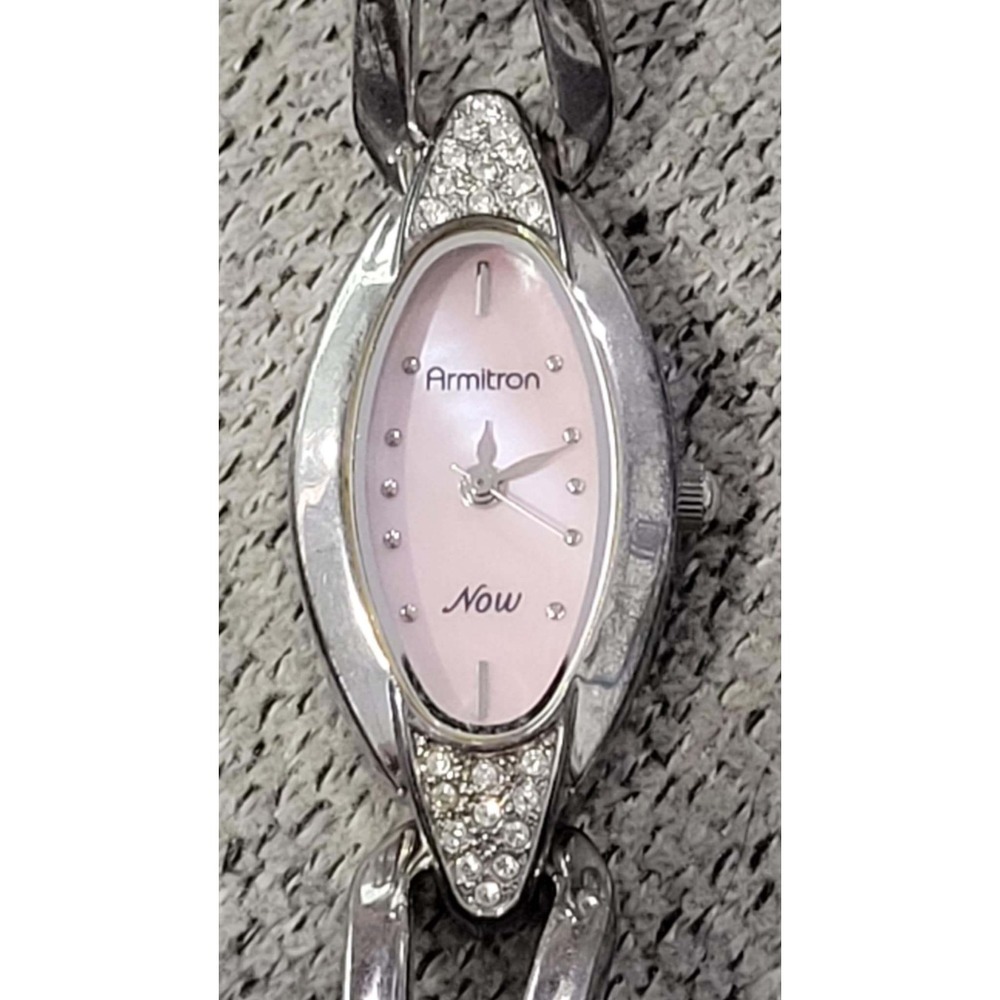 Armitron Now Silver Tone Bangle Watch Pink Face Rhinestone Accent Womens‎